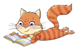 Kirjatti-kissa makoilee ja lukee kirjaa.