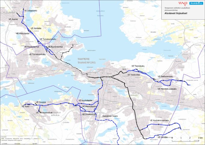 Karttakuva Tampereen raitiotien seudullisesta yleissuunnitelmasta
