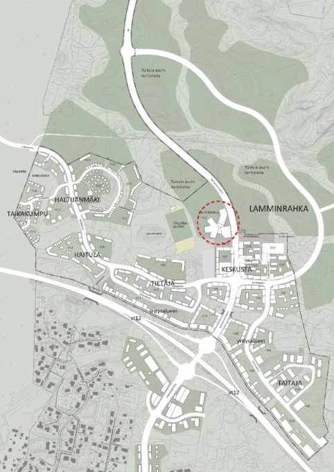 Lamminrahkan sijaintikartta, johon koulualue on merkitty ympyrällä