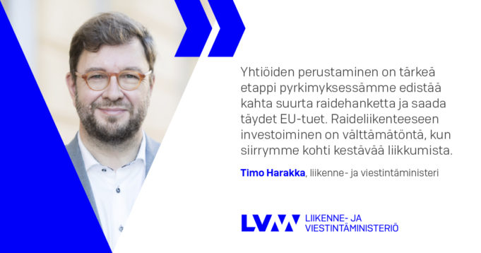 Kuva liikenne- ja viestintäministeri Timo Harakasta ja hänen raideliikenteeseen investoimista koskeva sitaattinsa