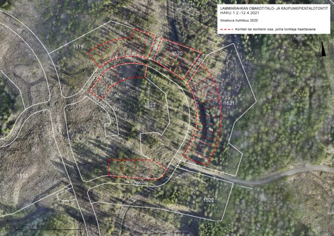 Ilmakuva, johon on merkitty Lamminrahkan omakoti- ja kaupunkipientalotontit, jotka ovat haussa 1.2.-12.4.2021.