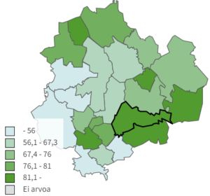 Karttakuva kunnista ja lääkärikäyntien käyntisyiden kirjausaste lukuina