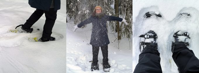 Kolmen kuvan sarja, jossa liikutaan lumikengillä.