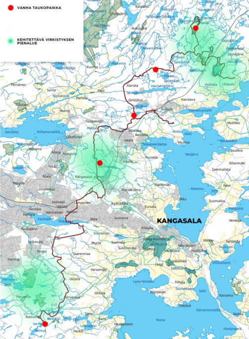 Kartta, johon on merkitty Kaarinanpolun reitti ja kehitettevät alueet