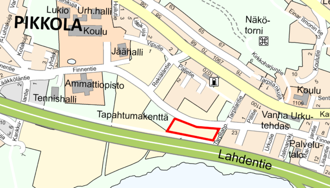 Kartta, johon Pikkolan maisemapellon sijainti on merkitty kartassa punaisella rajauksella.