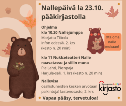 Värillisellä pohjalla nalleaiheisia piirroksia ja nallepäivän ohjelma tekstinä