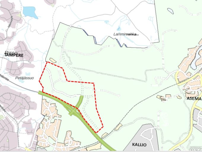 Karttakuva, jossa näkyy Lamminrahkan eteläosan asemakaava-alueen karkea aluerajaus