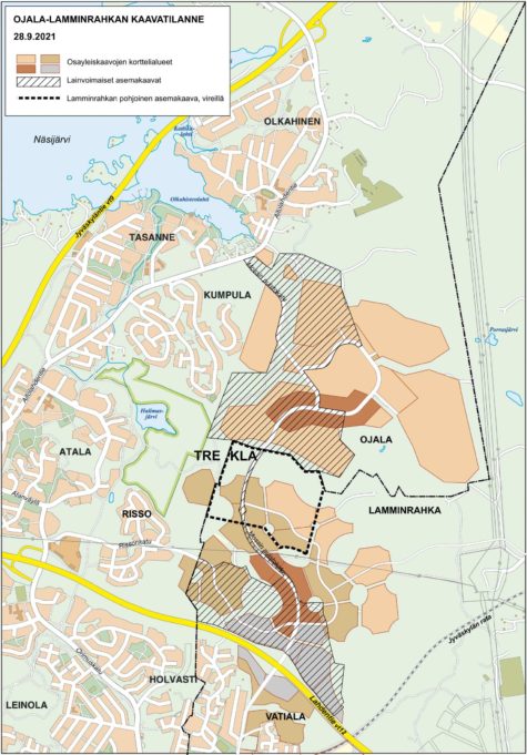 Kartta, johon on merkitty Ojala-Lamminrahkan alueen kaavatilanne.