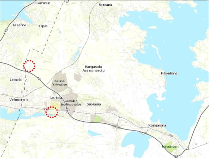 Karttakuva, johon on punaisilla katkoviivaympyröillä merkitty tonttien sijainti.