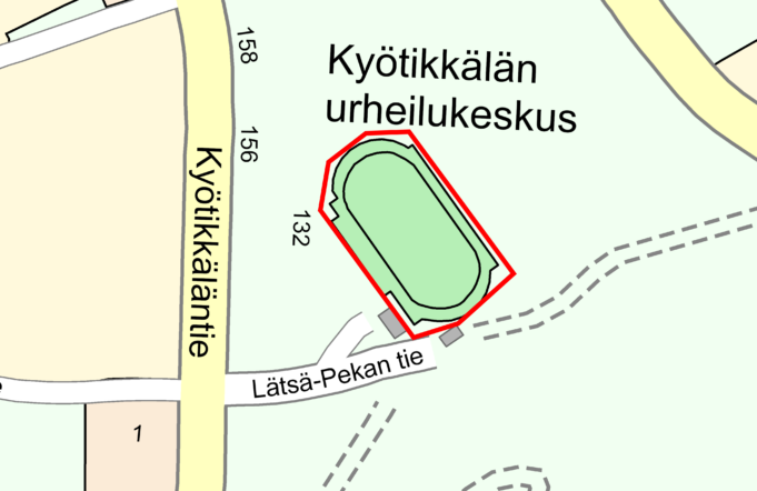 Karttakuva, jossa Kyötikkälän urheilukeskus näkyy vihreäksi piirrettynä ja punaisela ympyröitynä Kyötikkäläntien ja Lätsä-pekan tien läheisyydessä.