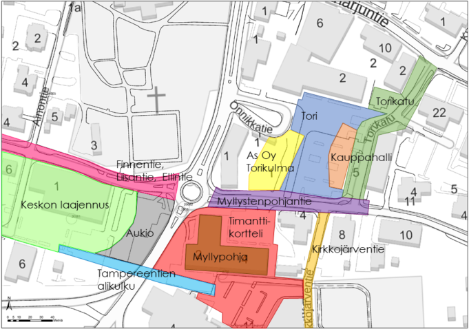 Karttakuva, johon rakennuskohteiden sijainnit on merkitty eri väreillä.