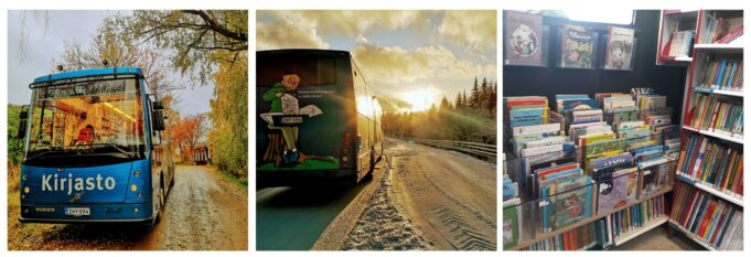 Kolme kuvaa Kangasalan kirjastoautosta.
