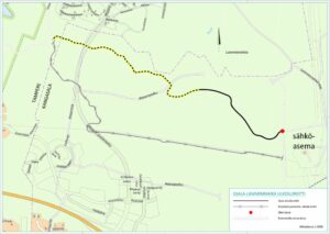 Lamminrahkan uuden ulkoilureitin linjaus mustalla ja tähän mennessä valaistu osuus keltaisella.
