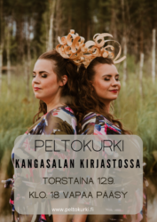 Kaksi naista seisoo luontomaiseman edessä. Kuvassa teksti: "Peltokurki Kangasalan kirjastossa torstaina 12.9. klo 18. Vapaa pääsy."