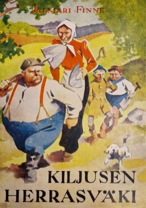 Vanhanaikainen kirjan kansikuva, jossa perhe kävelee lapiot kädessä.
