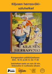 Kuva vanhanaikaisen kirjan kansikuvasta, jossa perhe kävelee lapiot kädessä.