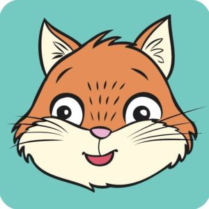 Piirretty kissa turkoosilla pohjalla.