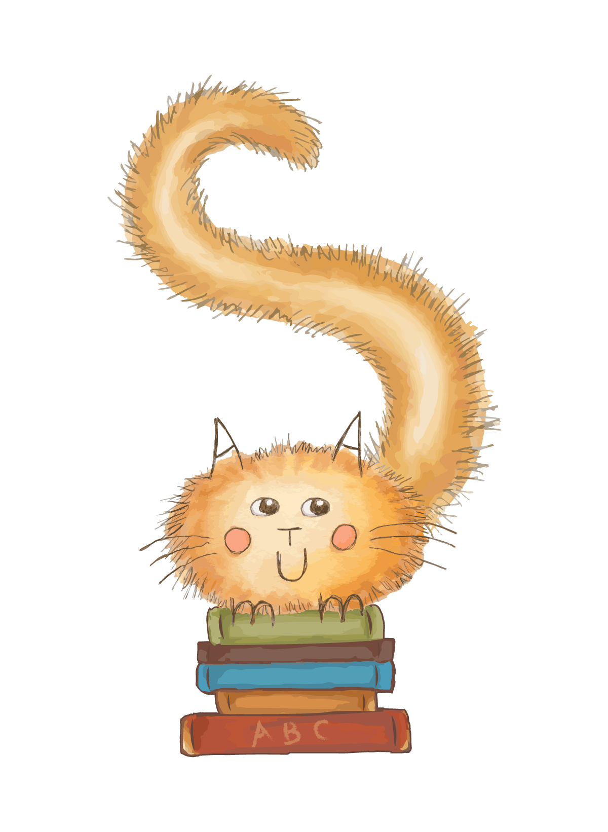 Piirretty kissamainen Tarina-ahmatti kirjapinon päällä.