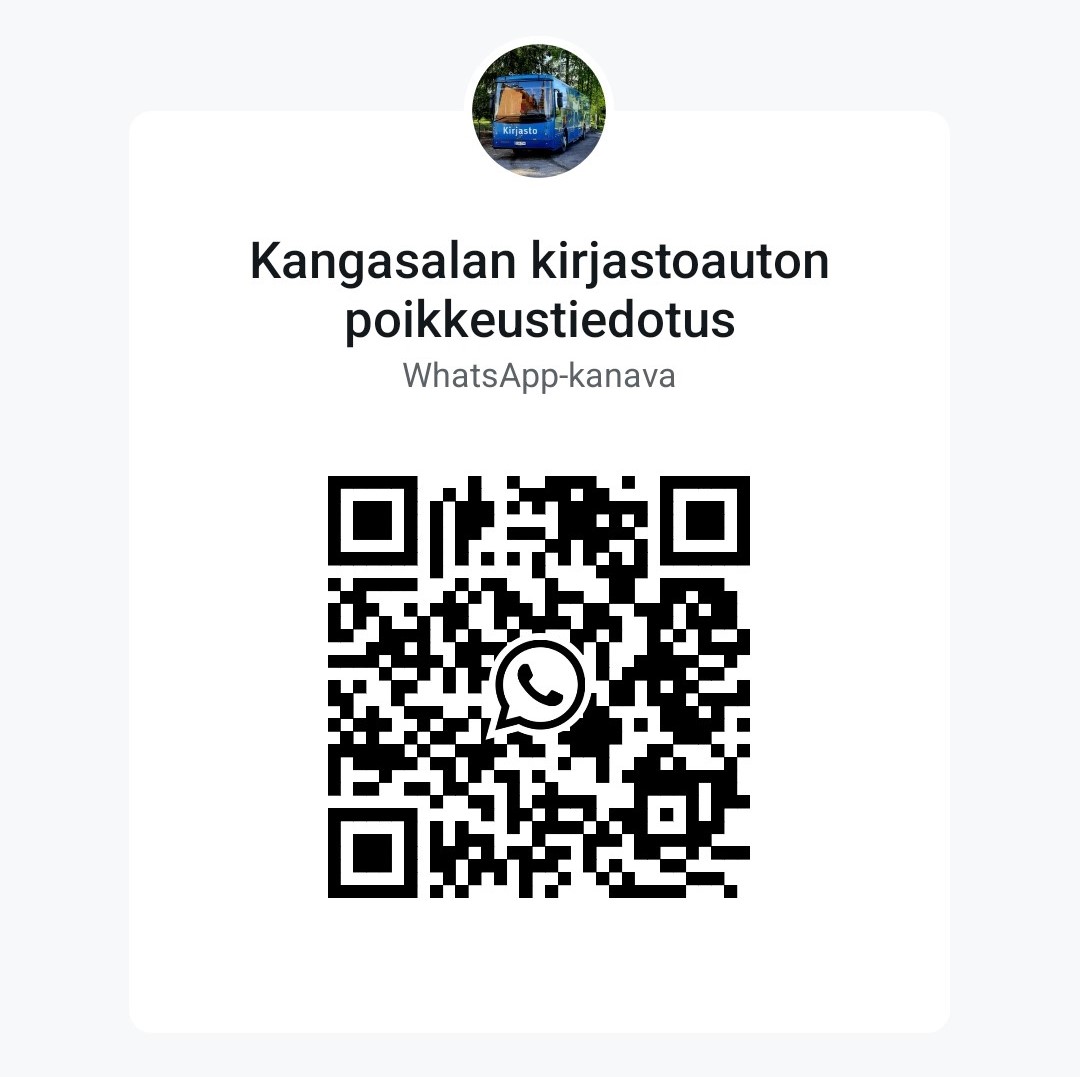 Kangasalan kirjastoauton poikkeustiedotus kanavan QR-koodi. Linkki vie WhatsApp-kanavalle.
