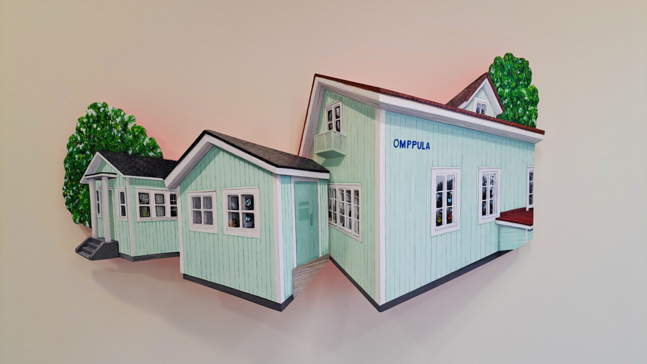 Taideteos, joka kuvaa purettua Omppula rakennusta.