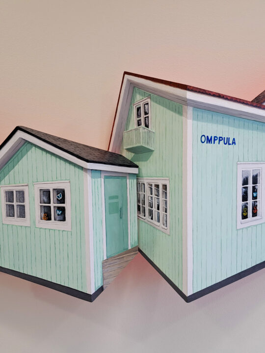Taideteos, joka kuvaa purettua Omppula rakennusta.
