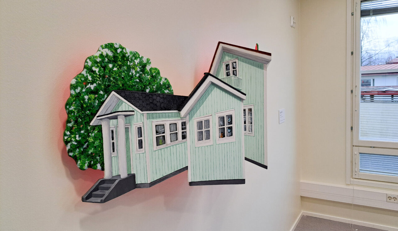 Taideteos, joka kuvaa purettua Omppula rakennusta.