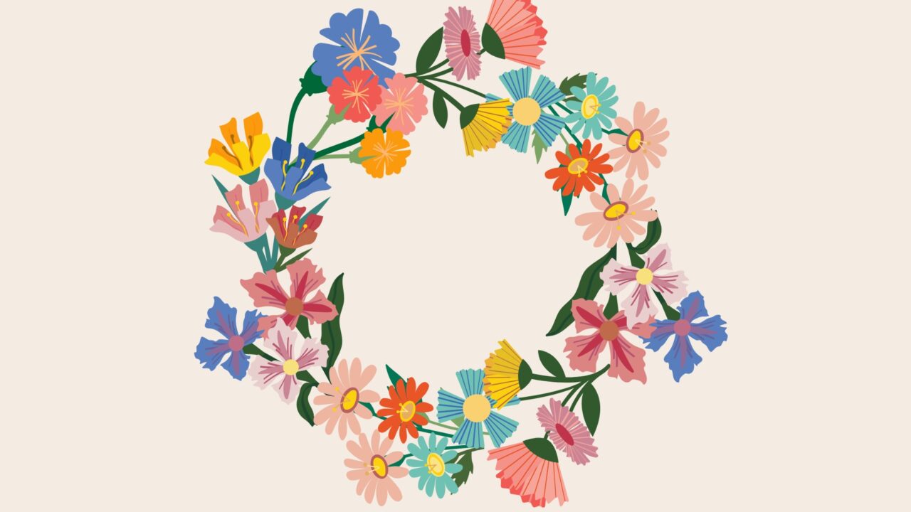 Kuvassa värikäs kukkaseppele