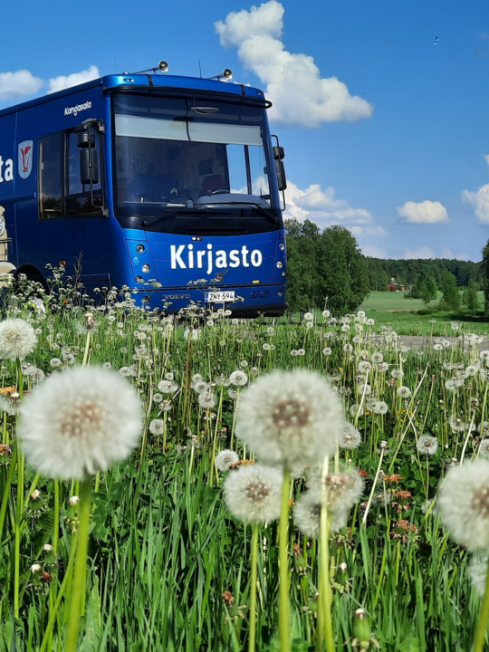 Kangasalan kirjastoauto kesäisessä maisemassa pellon reunassa. Pellolla kasvaa voikukkaa. Etualalla on pörröisiä voikukkia valmiina levittämään siemenet.
