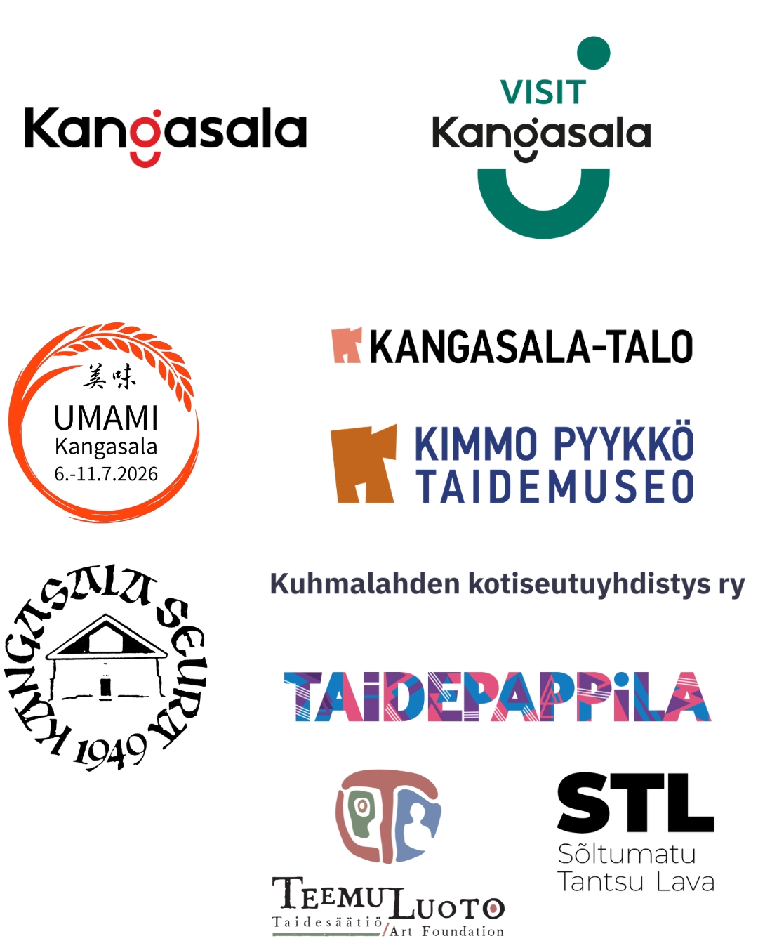 Logoja seuraavilta Kangasalan kulttuuriviikon 2026 toimijoilta: Kangasalan kaupunki, Visit Kangasala, UMAMI Kangasala, Kangasala-talo, Kimmo Pyykkö -taidemuseo, Kuhmalahden kotiseutuyhdistys ry, Kangasala-Seura, Kuhmalahden Taidepappila, Teemu Luoto taidesäätiö, Soltumatu Tantsu Lava 
